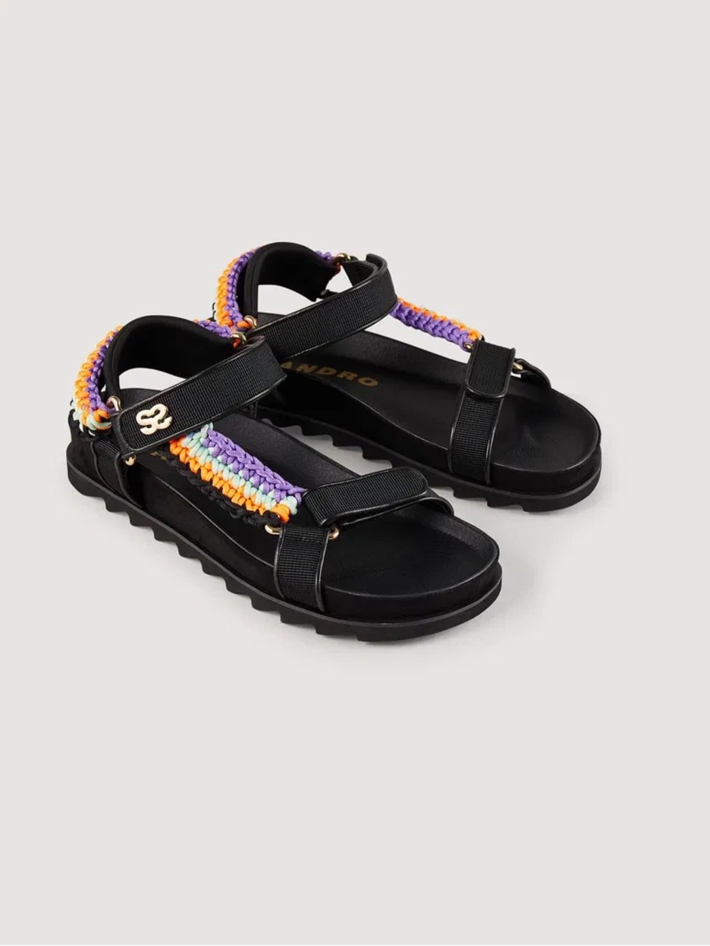 NIB SANDRO Olinpia Black Platform Sandals with Purple & Orange Braided Straps